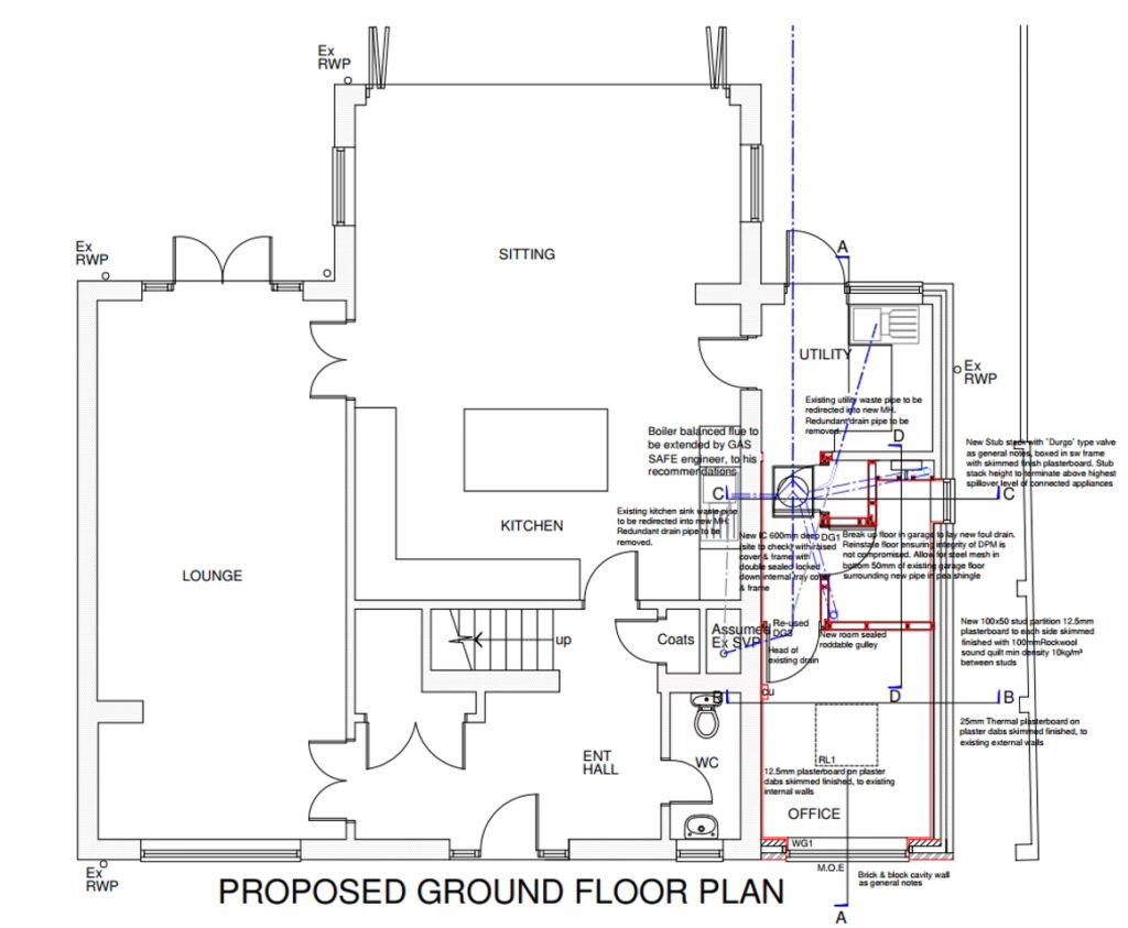 Proposed floor plan showing the redesigned layout for a single garage conversion into a home office and guest suite in Hatfield