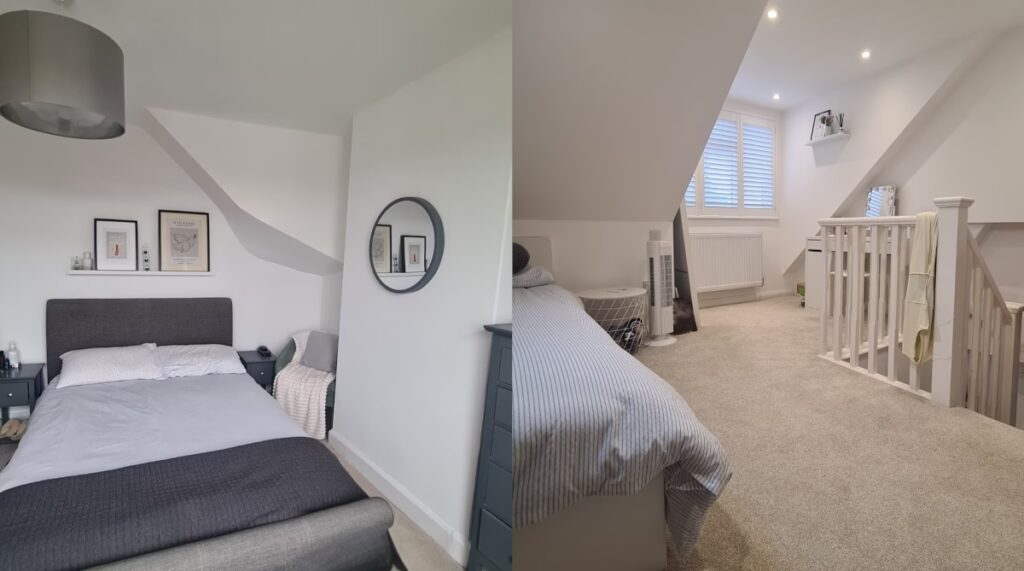 Loft conversion in St Albans with rear box dormer showing a new bedroom, window, and renovated stairwell.