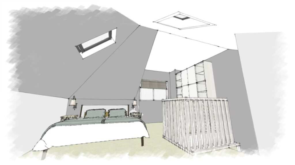 Design concept drawing showing the proposed loft bedroom with rear box dormer, enlarged window and stairwell