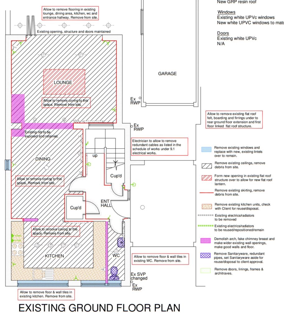 Overhead floor plan showing proposed internal renovation works including kitchen, dining, WC and utility room