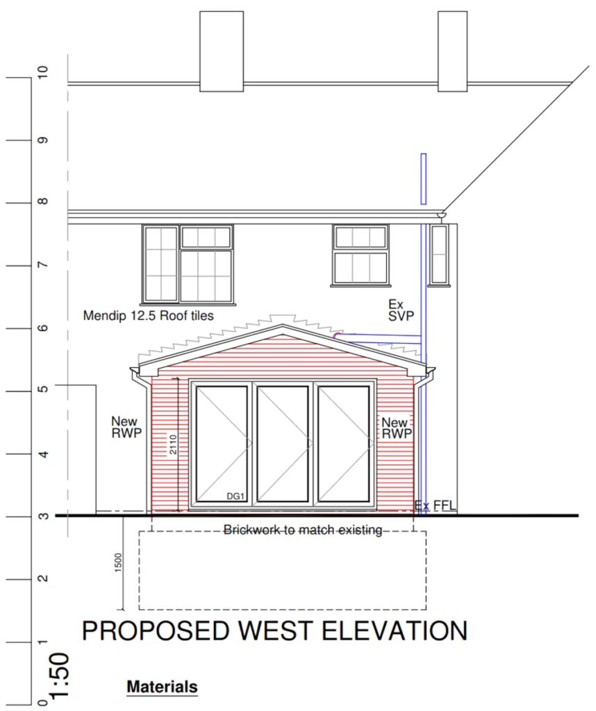 Proposed west elevation drawing showing new single storey rear extension replacing the conservatory